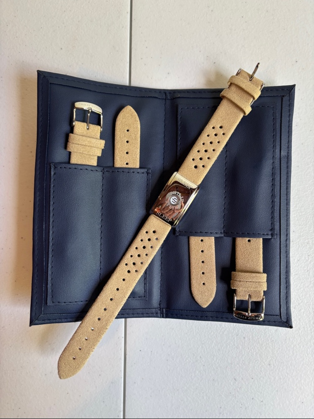 Philip Stein Beige Suede Watch Strap Set with Navy Travel Pouch